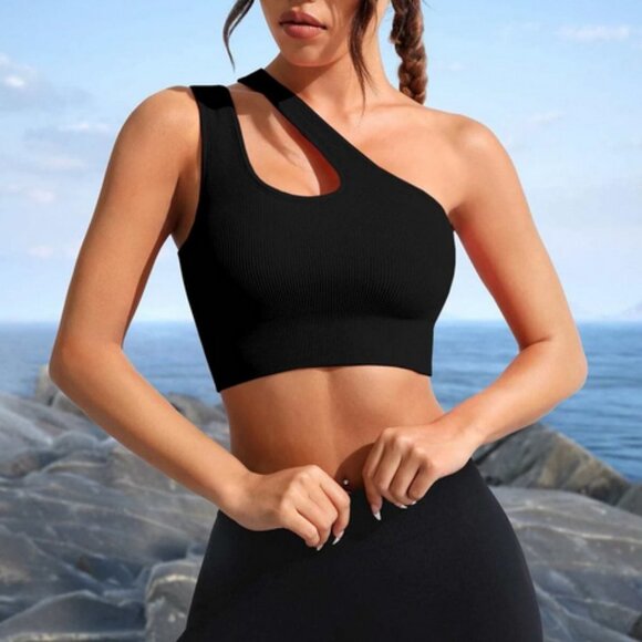One Shoulder Cut Out Crop Sports Bra athleisure active Black - Picture 3 of 5
